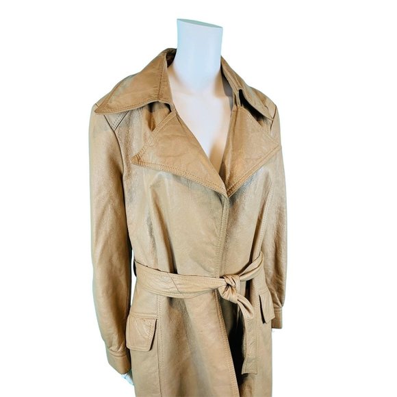 Vintage 1970s Leather Coat Women's Khaki USA Wilsons Open Trench | B 43" - Picture 4 of 10